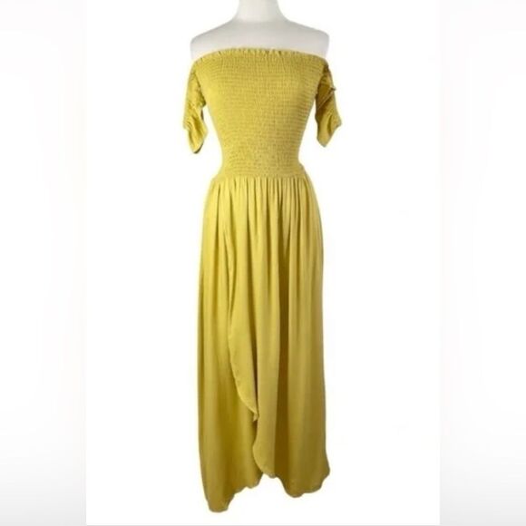 Young Fabulous & Broke Frida Smocked Yellow Faux wrap Maxi Dress size Small - Picture 2 of 9